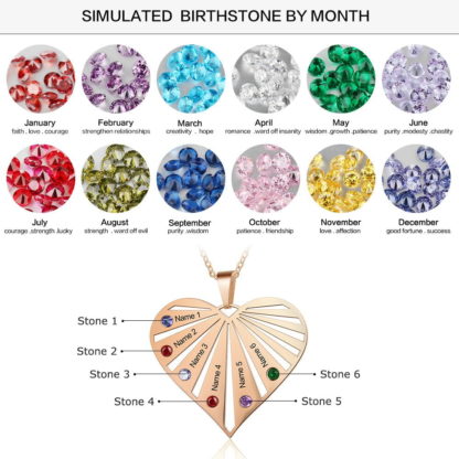 Beautiful Heart Pendant Necklace Personalized With 6 Names & Birthstones - Image 5