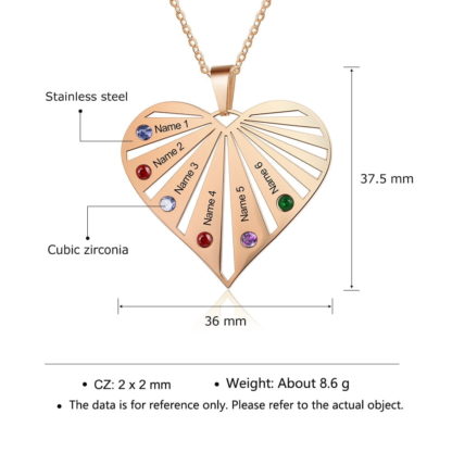 Beautiful Heart Pendant Necklace Personalized With 6 Names & Birthstones - Image 6