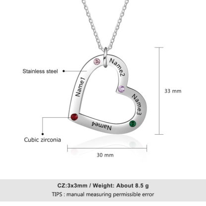Personalized Stainless Steel Heart Necklace * 4 Names & Birthstones - Image 2