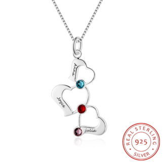 Sterling Silver Custom 3 Heart Necklace With Birthstones & Custom Names
