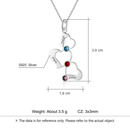 Sterling Silver Custom 3 Heart Necklace With Birthstones & Custom Names - Image 3