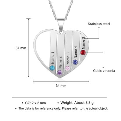 Heart Pendant Necklace Personalized With 5 Names & Birthstones - Image 2