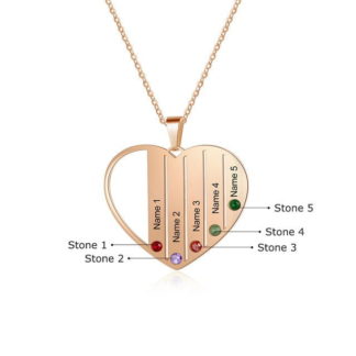 Heart Pendant Necklace Personalized With 5 Names & Birthstones