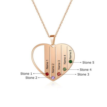 Heart Pendant Necklace Personalized With 5 Names & Birthstones