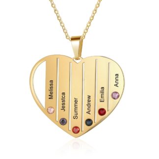 Heart Pendant Necklace Customized With 6 Names & Birthstones