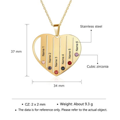Heart Pendant Necklace Customized With 6 Names & Birthstones - Image 6