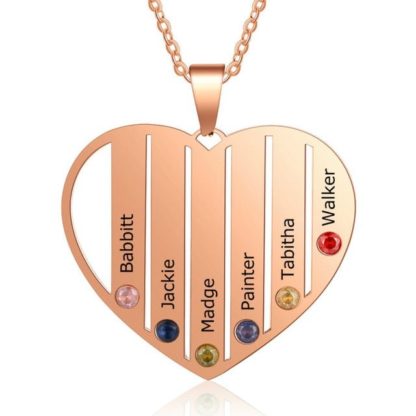 Heart Pendant Necklace Customized With 6 Names & Birthstones - Image 2