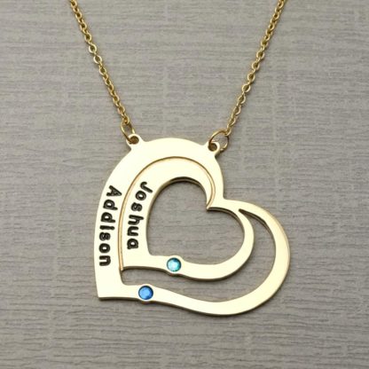 Custom Engraved Two Heart Necklace With Birthstones