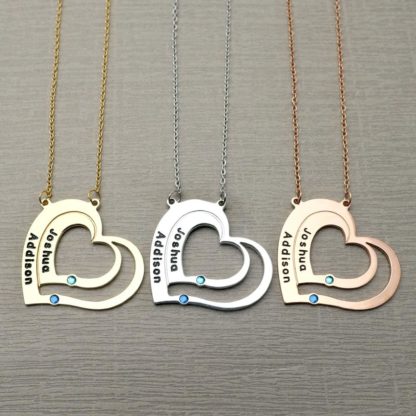 Custom Engraved Two Heart Necklace With Birthstones - Image 4
