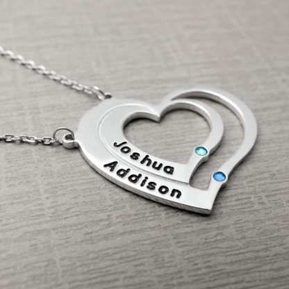 Custom Engraved Two Heart Necklace With Birthstones - Image 2