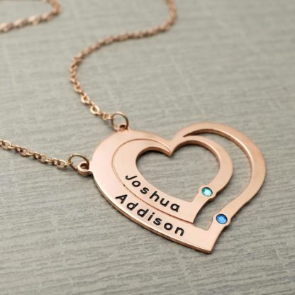 Custom Engraved Two Heart Necklace With Birthstones - Image 3